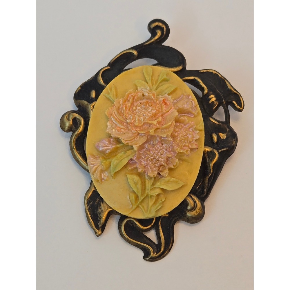 Vintage Style Floral Cameo Brooch Black Gold Tone Ornate Scrolled Flower Pin